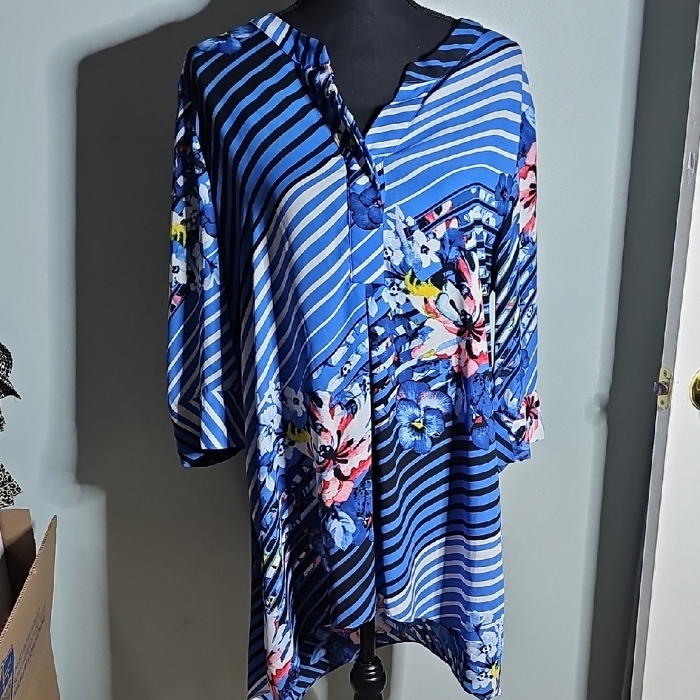 Blue Floral Striped Women's Top